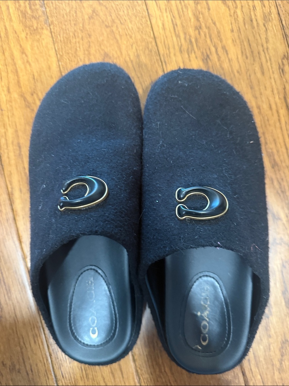 Coach Black Wool Slip-On Mules with Gold-Tone Signature Accent 38.5